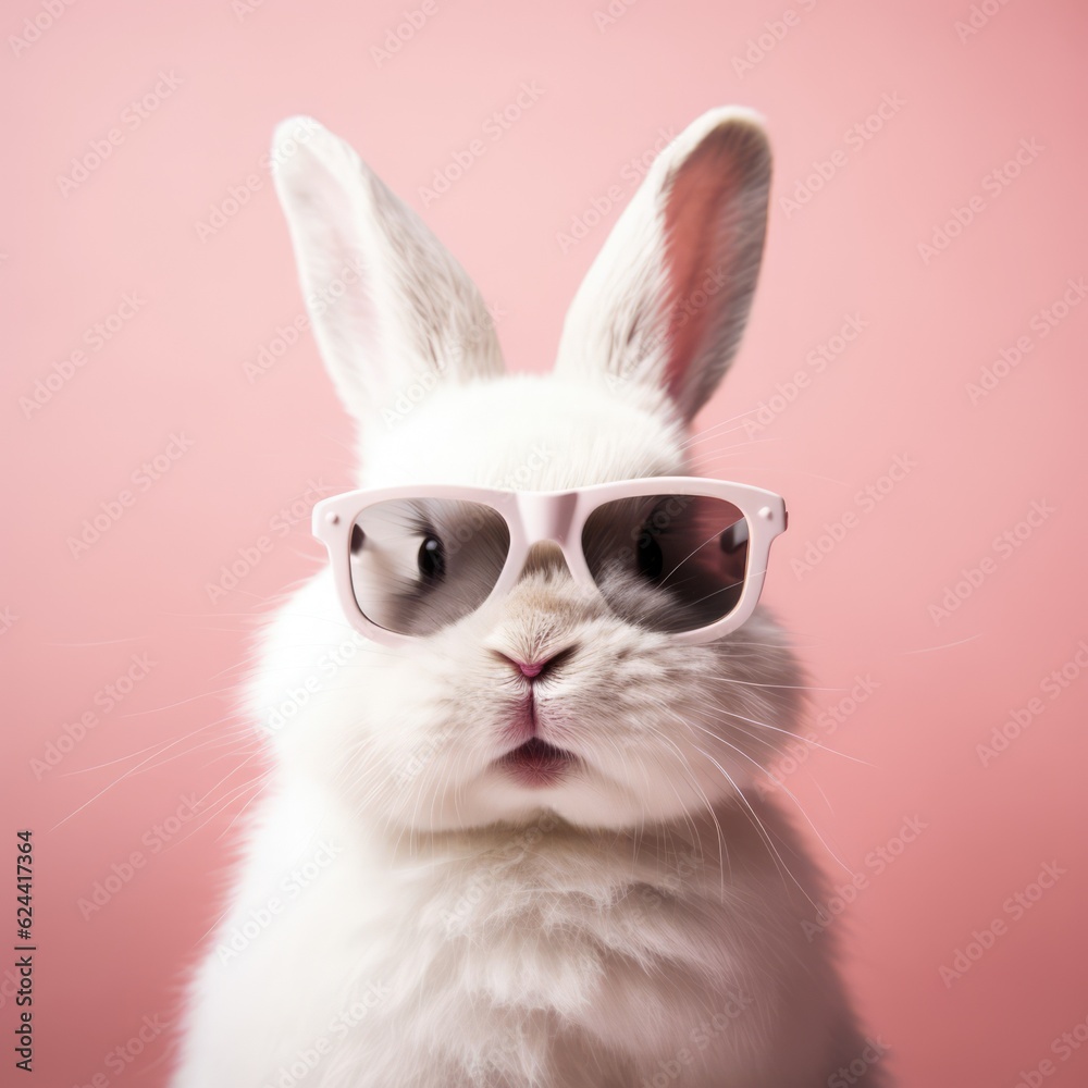Rabbit wearing sunglasses on pink background, created using generative ai technology