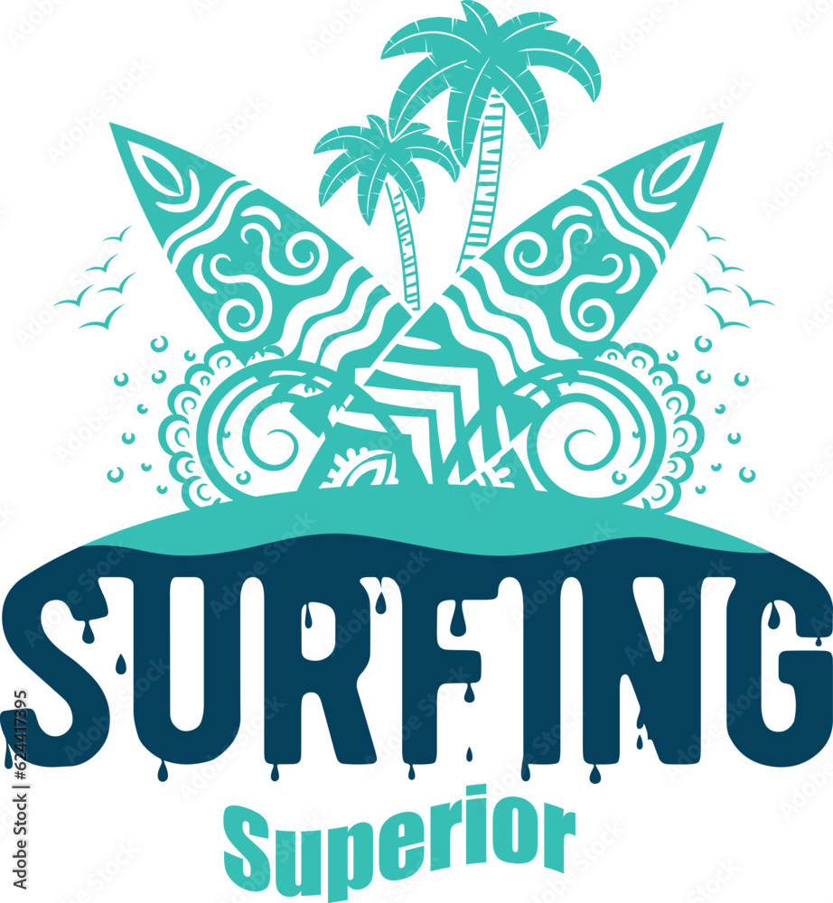 Naklejka premium Summer surfing T-shirt design. Summer t-shirt design vector. For t-shirt print and other uses