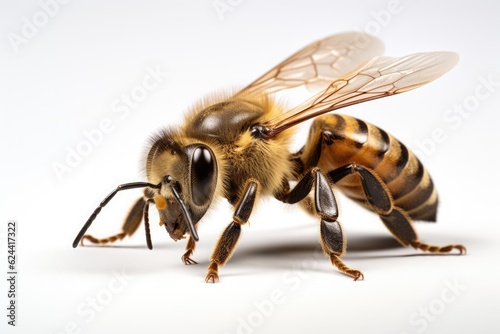 Close up of bee standing on white background, created using generative ai technology