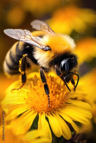Close up of bee on yellow flower in nature, created using generative ai technology © Future Vision