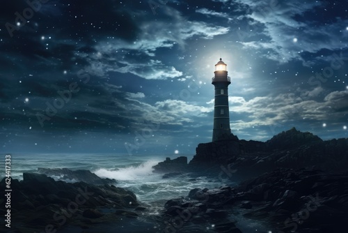 Lighthouse and stormy seas at night, created using generative ai technology