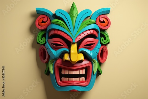 Colourful tiki mask on beige background, created using generative ai technology