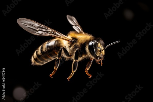 Close up of bee hovering on black background, created using generative ai technology
