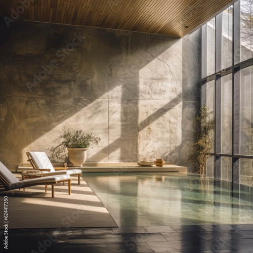 Sunlight on chairs and relaxation pool at modern health spa, created using generative ai technology