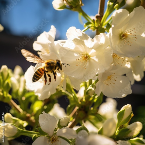 Close up of bee hovering by white blossoms in sun, created using generative ai technology