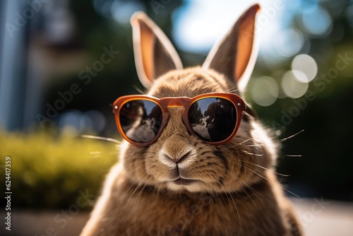 Rabbit wearing sunglasses in garden on sunny day, created using generative ai technology