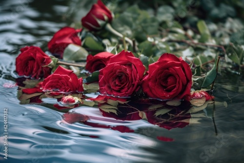 red rose bouquet floating in pool of water  created with generative ai