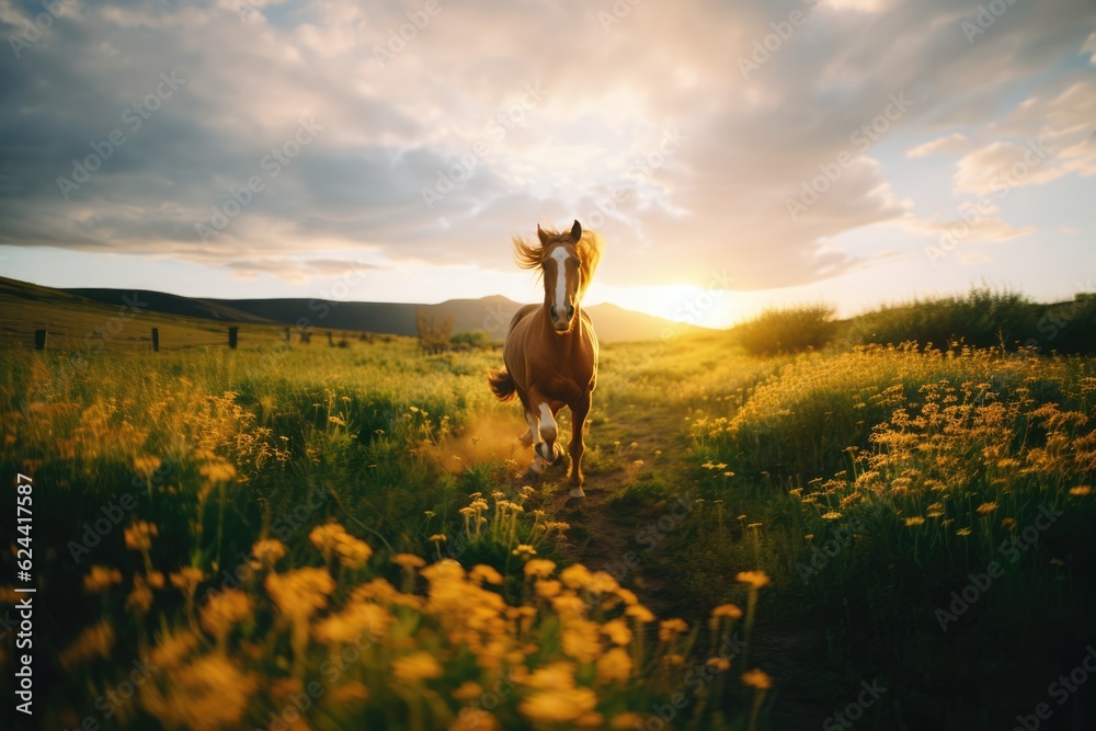 Brown horse galloping in field on sunny day, created using generative ai technology