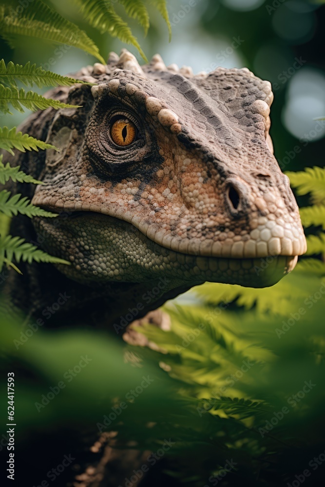 Headshot of dinosaur with plants in forest, created using generative ai technology