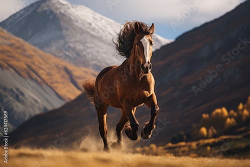 Brown horse galloping in field on sunny day, created using generative ai technology