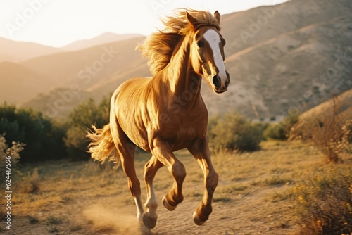 Brown horse galloping in field on sunny day, created using generative ai technology