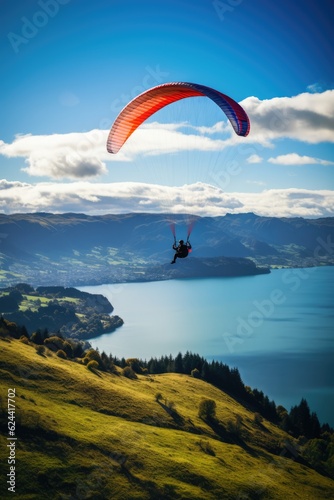 Paraglider drifting over countryside landscape with clouds, created using generative ai technology
