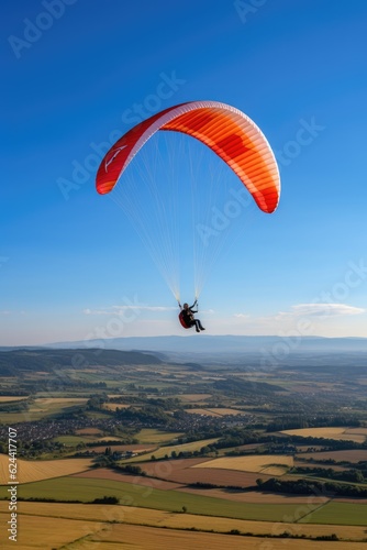 Paraglider drifting over countryside landscape with blue sky, created using generative ai technology