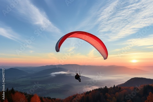 Paraglider drifting over countryside landscape at sunset, created using generative ai technology