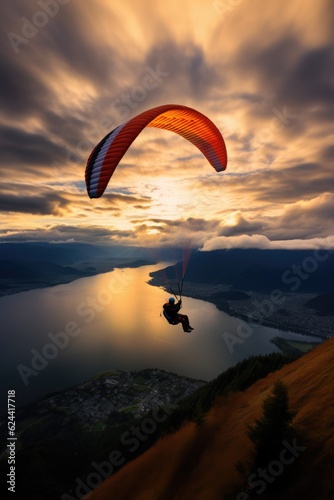 Paraglider drifting over countryside landscape at sunset, created using generative ai technology