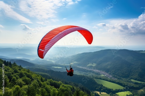 Paraglider drifting over countryside landscape with clouds, created using generative ai technology