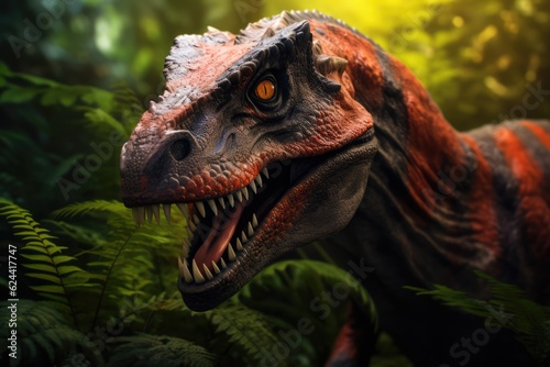 Headshot of dinosaur with plants in forest  created using generative ai technology