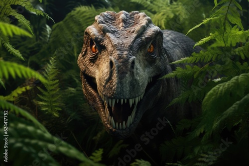 Headshot of dinosaur with plants in forest  created using generative ai technology