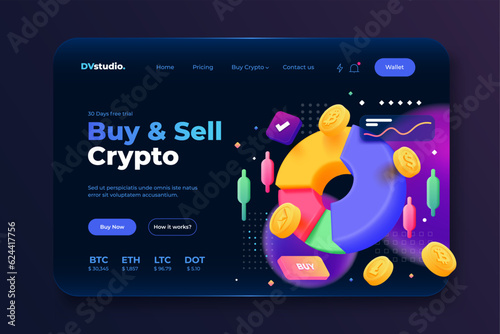 Landing page template of Digital Solution. Crypto trade with coins and cash concept background. Modern 3D design concept of web page design for website and mobile website. Vector
