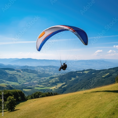 Paraglider drifting over countryside landscape with blue sky, created using generative ai technology