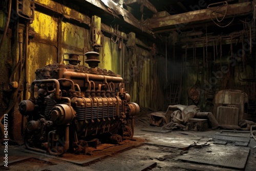 old, rusty engine block in abandoned garage, created with generative ai