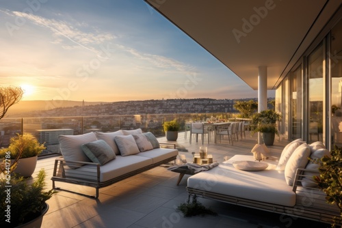 Luxury penthouse terrace with outdoor furniture at sunset, created using generative ai technology