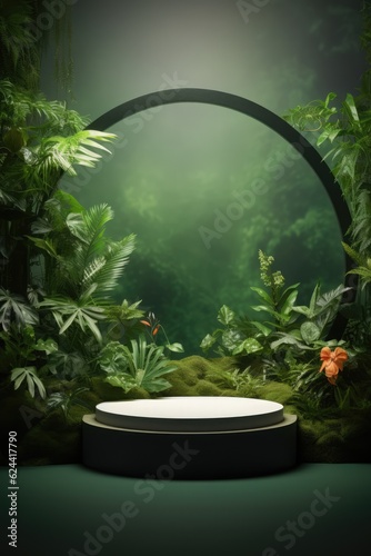 Round display podium with plants on green background, created using generative ai technology
