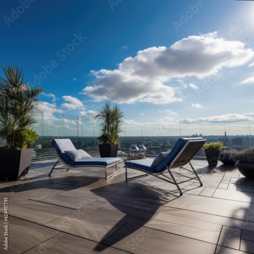 Luxury penthouse terrace with deckchair and view  created using generative ai technology
