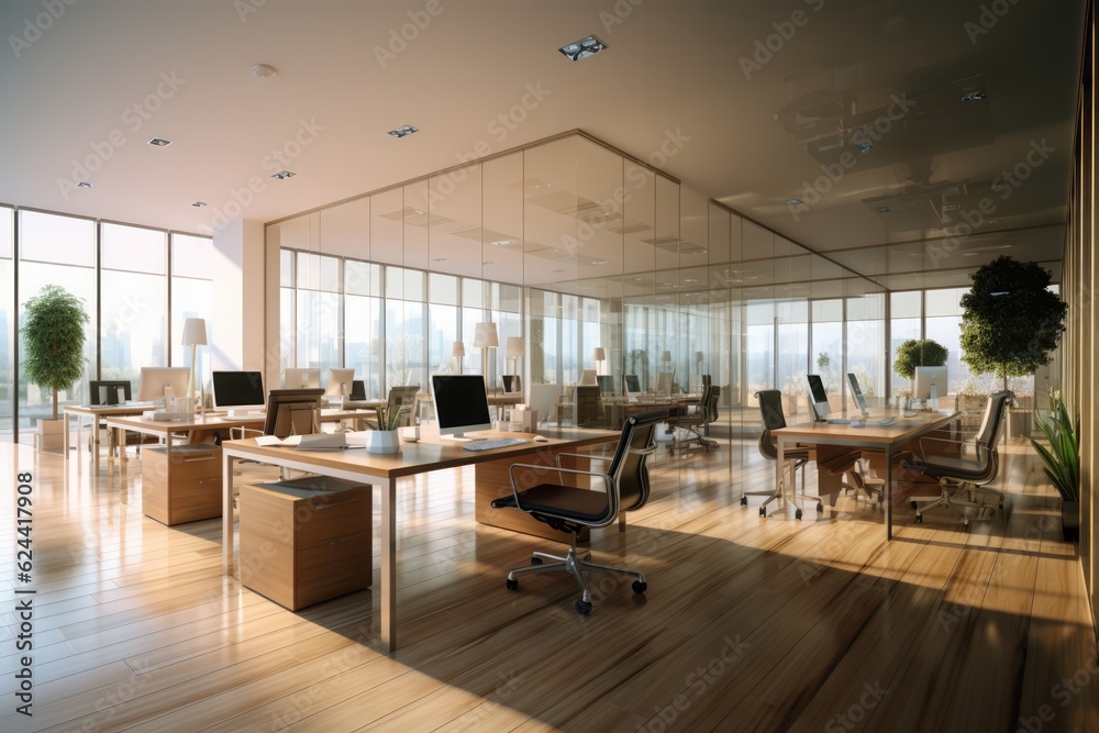 Modern bright office space with large windows, created using generative ai technology