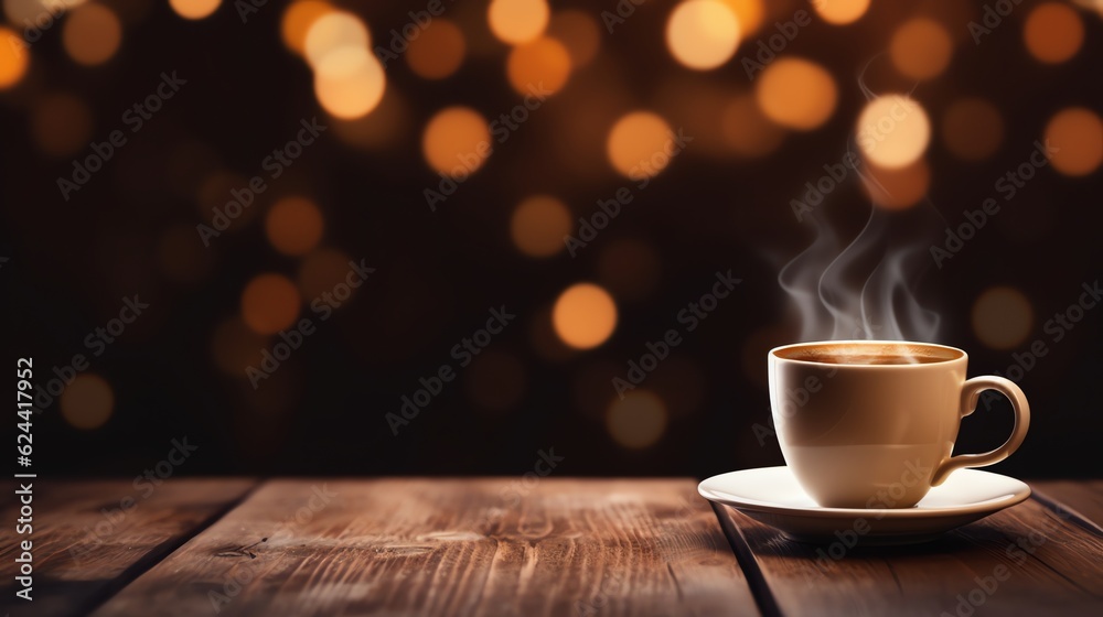 Coffe cup on table with bokeh background, copy space for text and illustration for product presentation and template design.