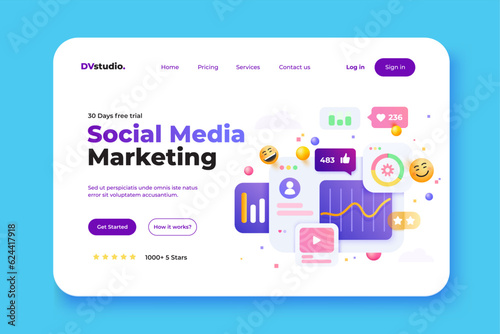 Landing page template of Digital Marketing Agency. Social Media Marketing, Promotion and Internet advertising concept. Modern 3D design concept of web page design for website and mobile website. Easy 