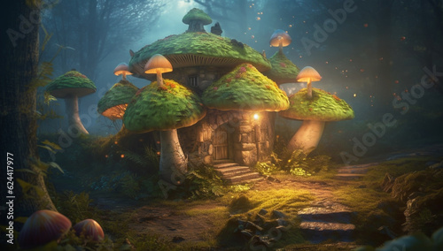 Housing illustration filled with cute mushrooms and shrouded in fog - Generative AI