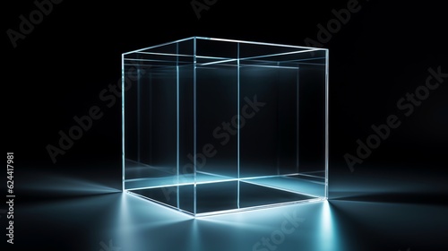 Cube glass transparent with dark background, copy space for text and illustration for product presentation and template design.