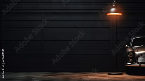 Old car close up on garage with dark background, copy space for text and illustration for product presentation and template design.