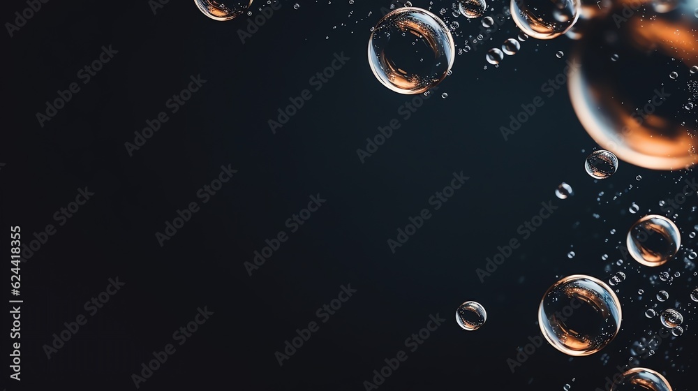Bubbles close up with dark background, copy space for text and illustration for product presentation and template design.