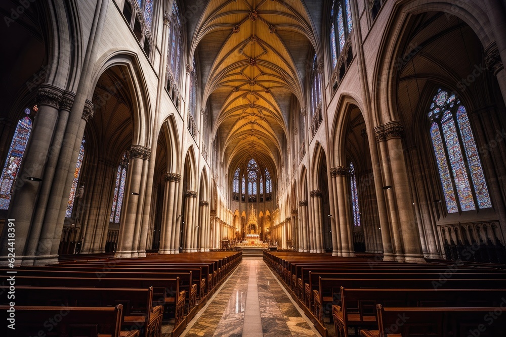 wide angle shot of nave and gothic architecture, created with generative ai