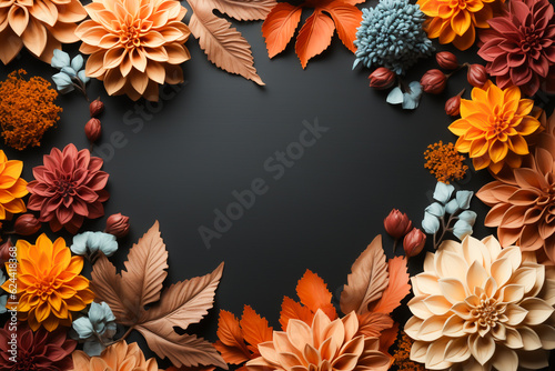 Colourful autumn flowers surrounding a dark frame. Copy space for text. Created with Generative AI.