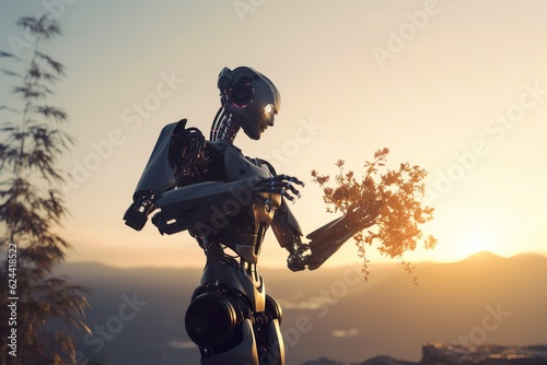 the robot explore a nature plant standing in agricultural field