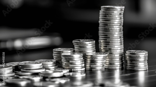 Stacks of coins on a dark background. Black and white