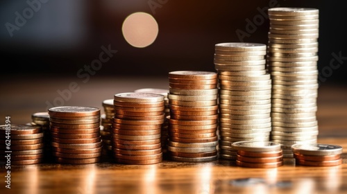 Stacks of coins on wooden table. Business and finance concept