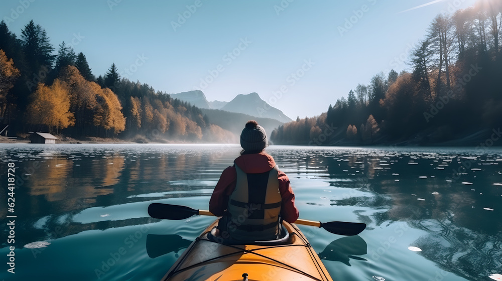 Rear view of woman riding kayak in stream with background of beautiful landscape.