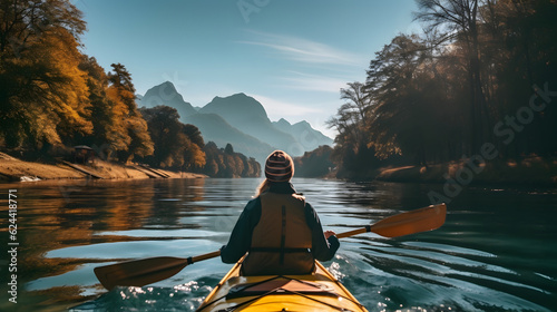 Rear view of woman riding kayak in stream with background of beautiful landscape.