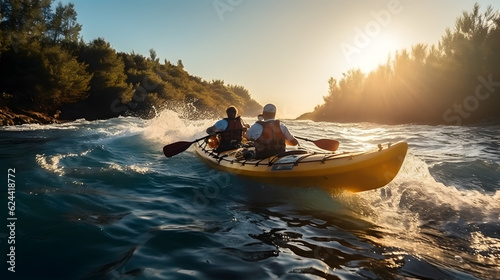 Rear view of two men riding kayak in stream.