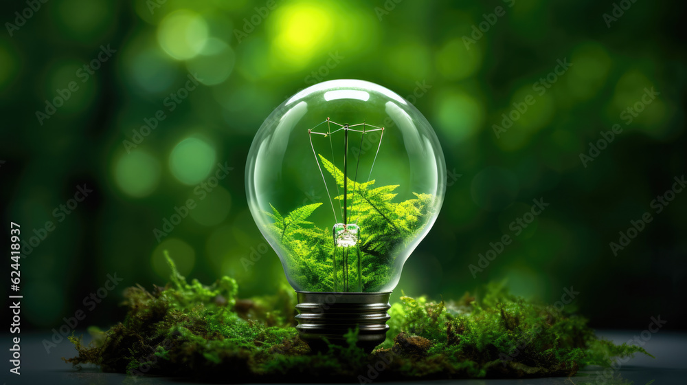 tree growing on light bulb with sunshine in nature. saving energy and eco concept