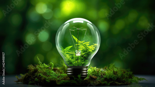 tree growing on light bulb with sunshine in nature. saving energy and eco concept