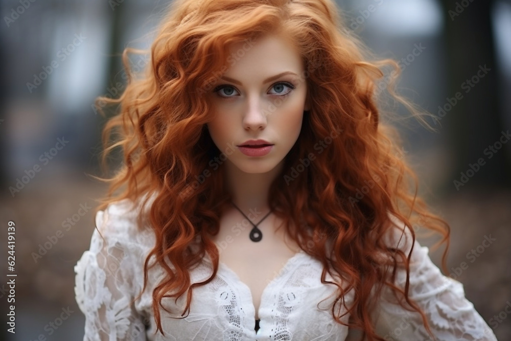 a redhead long hair young woman posing outdoors, long curley eair extensions eyes to camera, with a short white lace dress, low cut, in the style of romantic academia made with AI generative technolog a redhead long hair young woman posing outdoors, long curley eair extensions eyes to camera, with a short white lace dress, low cut, in the style of romantic academia made with AI generative technolog