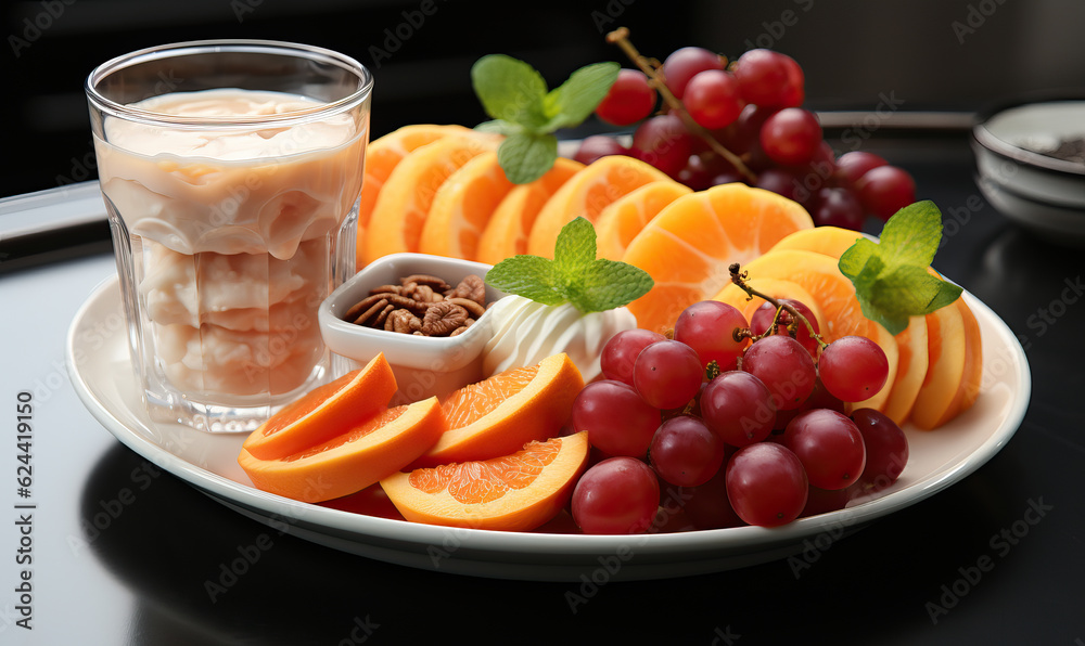 Breakfast plate with different fruits on the table. Breakfast plate with different fruits on the table.