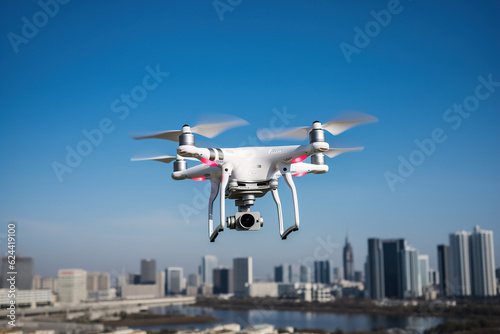 Flying Drone with video camera is shooting view of modern city