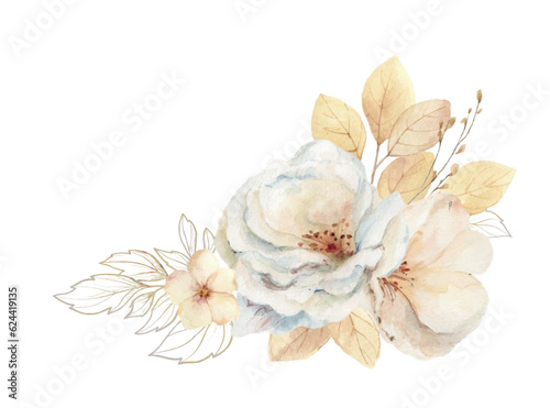 Watercolor vector botanical wreath with blush flowers and leaves.