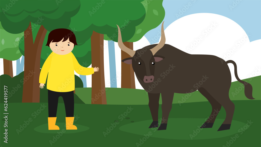 Boy and bull in the park. Vector illustration in flat style. Boy and bull in the park. Vector illustration in flat style.